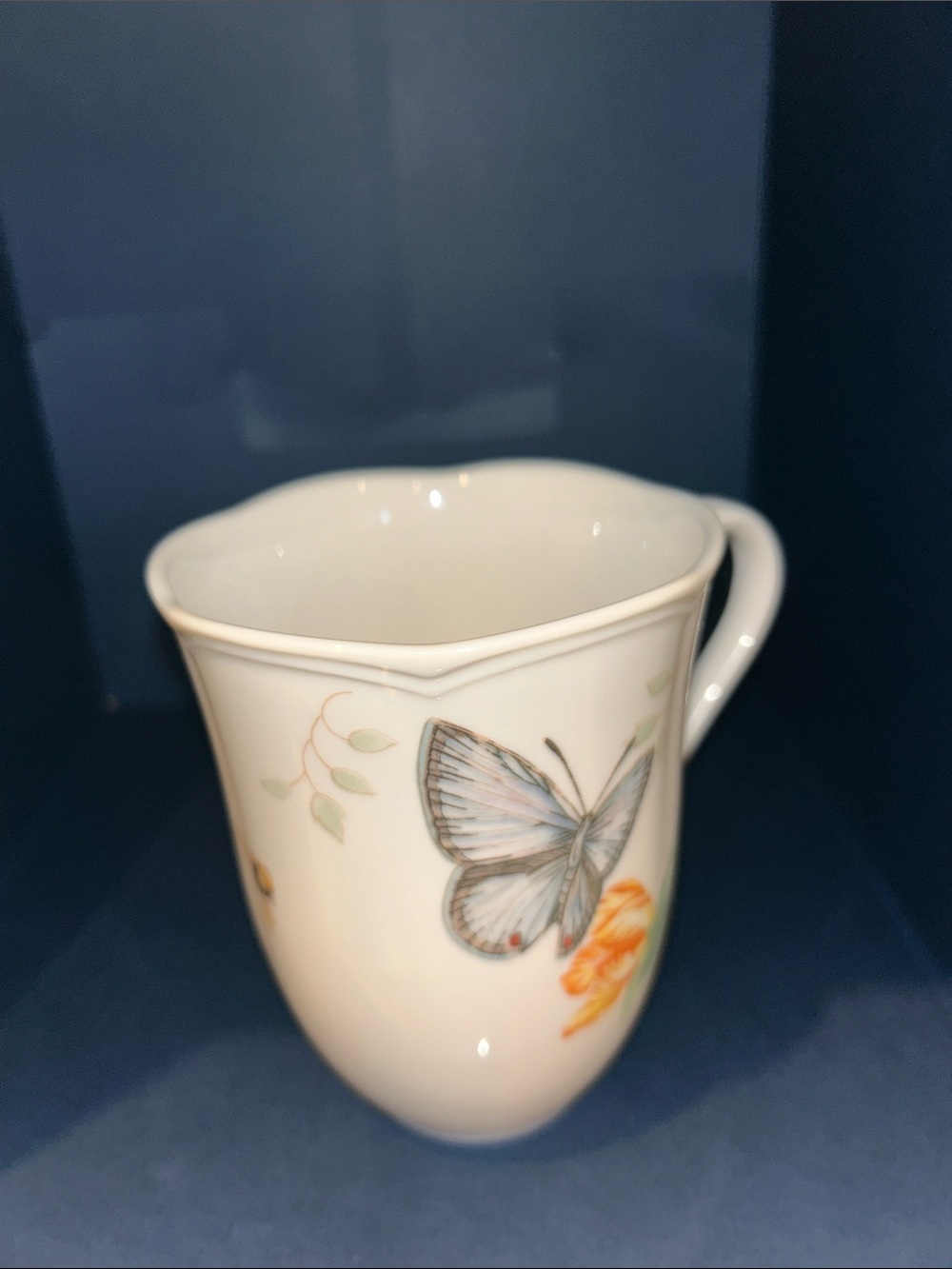 Lenox Eastern Tail Blur Porcelain Mug with Blue Butterfly Bee and Floral Accent